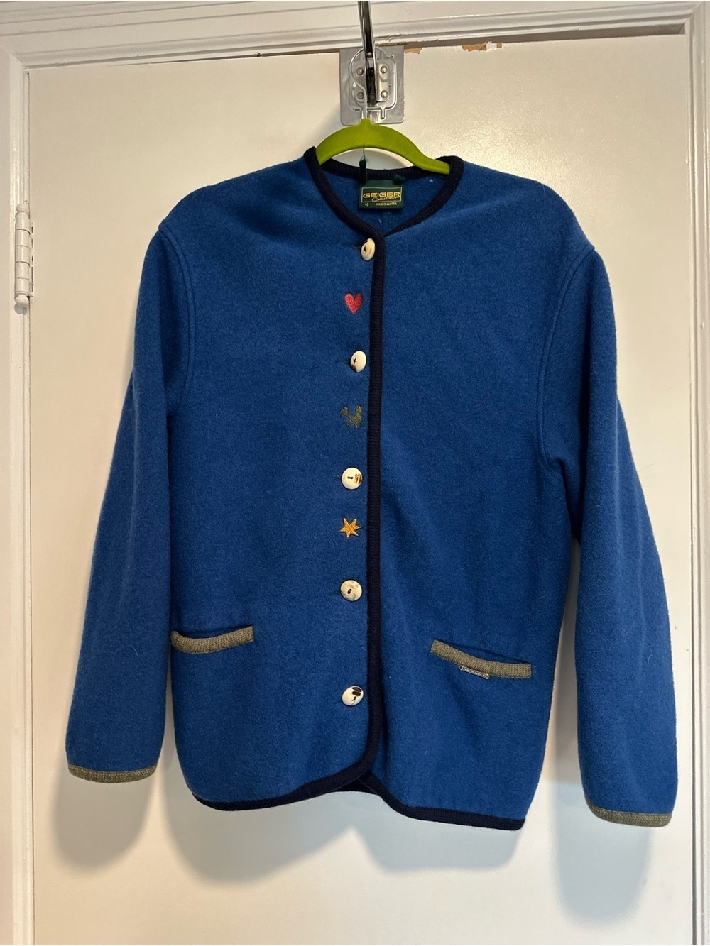 VTG Geiger Embroidered Whimsical 100% Austrian Blue Boiled Wool Jacket Sz 40/M